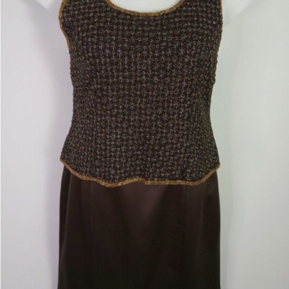 Adrianna Papell Three Piece Chocolate Brown Formal Gown with Gold Beaded Accents - Picture 9 of 16